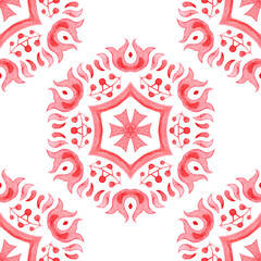 Red seamless ornamental watercolor arabesque paint tile pattern for fabric
