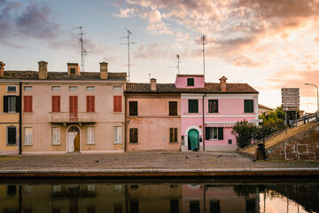 Comacchio, Ferrara / Italy - August 2020: View of the historic center of Comacchio with its main...