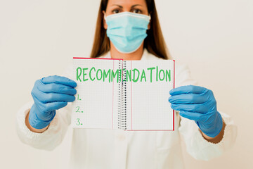 Word writing text Recommendation. Business photo showcasing something that recommends or expresses...