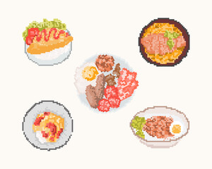 Set of food in pixel art. 8 bit art vector illustration.