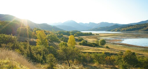 Obraz premium Gran Sasso e Monti della Laga National Park, sunrise on Lake Campotosto