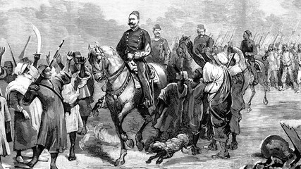 Arabi Pasha leading his soldiers on the march towards the fortified camp of Kafr-dowar, after the bombardment of Alexandria, Egypt, Antique illustration. 1882.