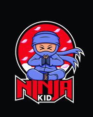 cartoon ninja logo meditating with cherry blossom background