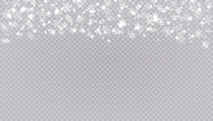 White snow flies on a transparent background. Christmas snowflakes. Winter blizzard background illustration.