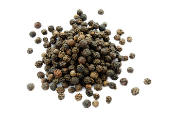 Black pepper isolated on white background, top view. Spice. Close-up of black pepper on a white background. Black pepper on a white background, top view. Dry peppers on a white background.