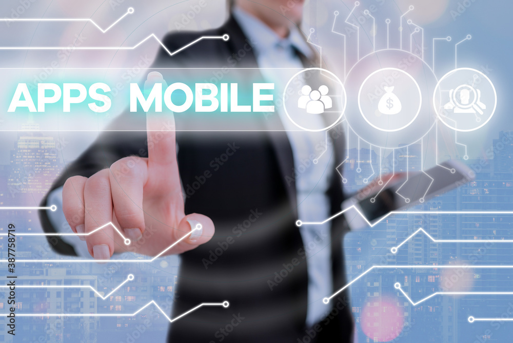 Poster Writing note showing Apps Mobile. Business concept for computer program designed to run on phone hand held device System administrator control, gear configuration settings tools concept