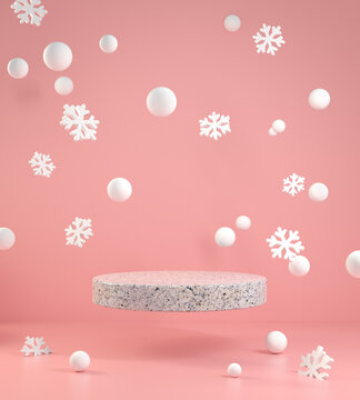 Minimal Empty Podium Float With Snow And Snowflake Pink Falling On Pink Background 3d Render