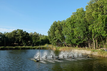 Naklejka premium Aeration machine in the shrimp pond of farmers. 