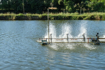 Fototapeta premium Aeration machine in the shrimp pond of farmers. 