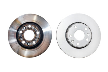 New brake disc with anti-corrosion treatment and old brake disc, isolated on a white background...