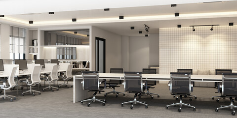 Working area in modern office with carpet floor and meeting room. interior 3d rendering