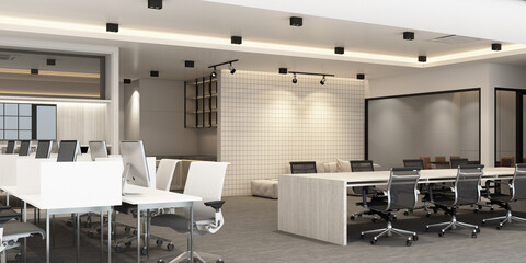 Fototapeta na wymiar Working area in modern office with carpet floor and meeting room. interior 3d rendering
