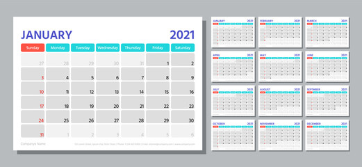 Planner 2021 year. Calendar template. Week starts Sunday. Vector. Table schedule grid. Yearly stationery organizer. Calender layout with 12 month. Horizontal monthly diary. Simple illustration.