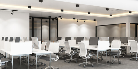 Fototapeta na wymiar Working area in modern office with carpet floor and meeting room. interior 3d rendering
