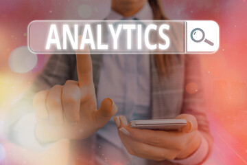 Conceptual hand writing showing Analytics. Concept meaning method of logical analysis of income, profits, losses, etc. Web search digital futuristic technology network connection