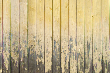 Old fence made of planks with yellow flying paint. Suitable for backgrounds or text.