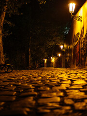 Night cobblestoned street on the historic Prague's Kampa Island