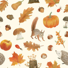 Hand drawn autumn pattern colored pencils with a squirrel, a hedgehog, mushrooms, pumpkins, nuts and leaves.