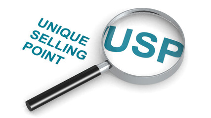 USP, Unique Selling Point,  word under magnifying glass
