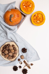 Still life with pumpkins whole and halves , nuts and cones on a light pink background. Autumn concept