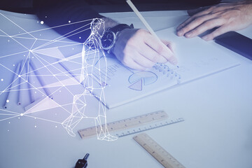 Creative start up concept hologram multi exposure with human hand background.