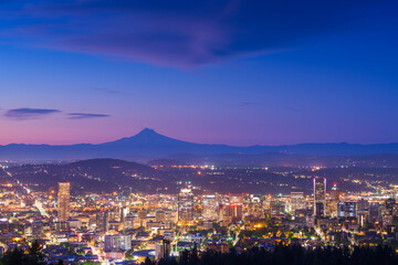 Portland, Oregon, USA skyline at dusk with Mt. Hood