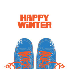 Winter banner with red Happy winter lettering and blue shoes with red laces on the white snowy background. Vector illustration in cartoon style