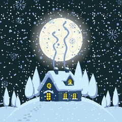 Naklejka premium Night winter landscape or banner with village house on the snow-covered hill and footprints in the snow. Vector winter illustration in cartoon style. Cute cozy gingerbread house