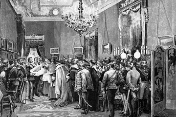 Madrid, Spain. Birth of S.A.R. the Infanta Doña Maria Teresa. Official presentation of the newborn by H.M. King Alfonso XII to the diplomatic corps and state authorities. Antique illustration. 1882.