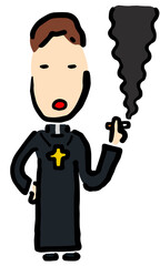 Smoking Catholic Priest : Hand drawn vector illustration like woodblock print