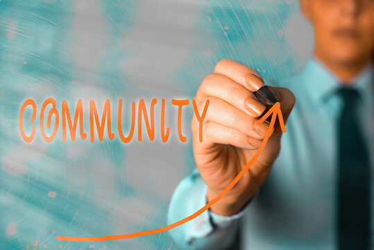 Handwriting text Community. Conceptual photo group of showing with a common characteristics living together digital arrowhead curve rising upward denoting growth development concept