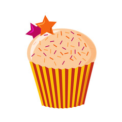 Vector illustration of a cupcake with multicolored powder and decoration in the form of stars. Cartoon cute illustration in flat style