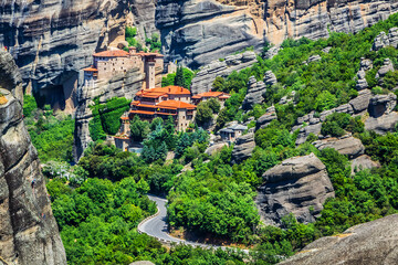 Rock cliffs (60 million years old) in deltaic plains of Meteora. Cliffs rise to a height of 400 meters. They situated in Pineios Valley within Thessalian plains close to town of Kalambaka. Greece.
