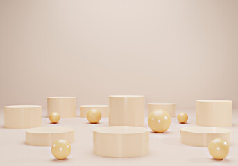 Fototapeta na wymiar Geometric circle and cylinder shape cream background scene minimal 3d rendering for product show in a studio