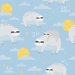 Sloths, stars, moon and clouds hand drawn backdrop. Colorful seamless pattern with animals. Decorative cute wallpaper, good for printing. Overlapping background vector. Design illustration