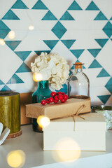 gifts box in modern interior design living room with Christmas / New Year decoration