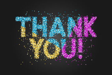 Thank you Banner with colored confetti  text on black background. Elegant luxury Greeting card. Design for flyers, postcards, posters, and banners.