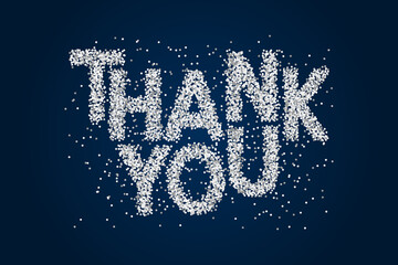 Thank you Banner with silver glittering text on blue background. Elegant luxury Greeting card. Design for flyers, postcards, posters, and banners.