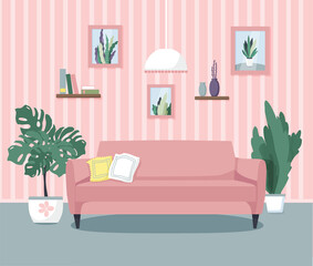 Vector illustration of the living room interior. Comfortable sofa, indoor plants, paintings, books. Flat style.