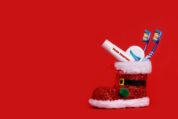 Dentist Happy Merry Christmas And New Year Composition Gift Card Mail Or Banner Template With Copy Space.