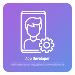 App developer thin line icon. Coder, programmer. Freelancer, work at home. Vector illustration.