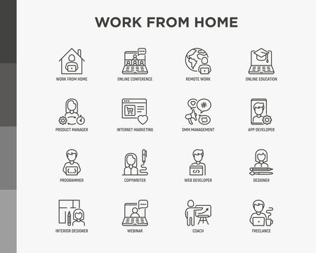 Work from home thin line icons set: online conference, freelancer, online education, programmer, developer, copywriter, web designer, product manager, internet marketing. Vector illustration.