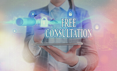 Handwriting text writing Free Consultation. Conceptual photo a meeting to discuss something or to get advice for free Graphics padlock for web data information security application system