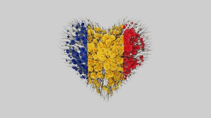 Romania. National Day. 1 December. Great Union Day. Heart shape made out of flowers on white background. 3D rendering.