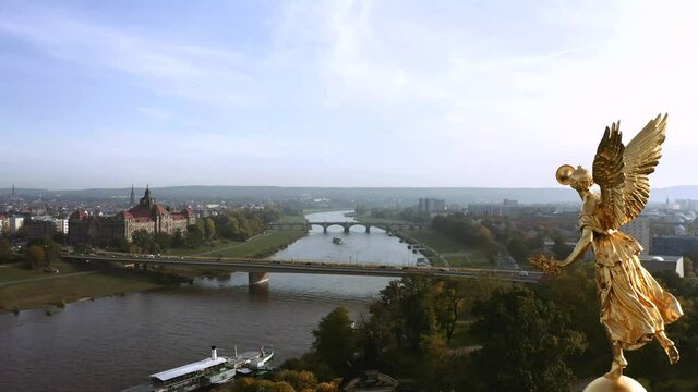 Drone footage of Dresden inner city with Frauenkirche, Germany