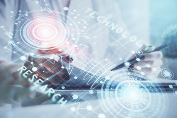 Naklejka premium Multi exposure of hands making notes with digital coding icons. Computer learning concept.