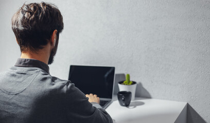 Back view of businessman with wireless earphones typing on laptop at home. Background with copy space.