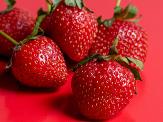 bright juicy ripe strawberries on a red background. Front view, healthy food, vegetarianism