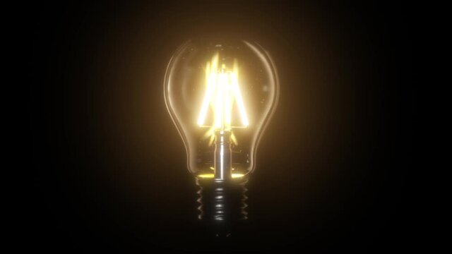 Switching on, turning off light bulb animation. Warm yellow light over dark black background. Bright glowing and flickering Edison, Tungsten lamp. Retro vintage form. Creative idea concept. 3D 4K clip