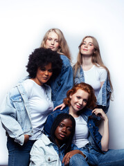 diverse multi nation girls group, teenage friends company cheerful having fun, happy smiling, cute posing isolated on white background, lifestyle people concept, african-american and caucasian